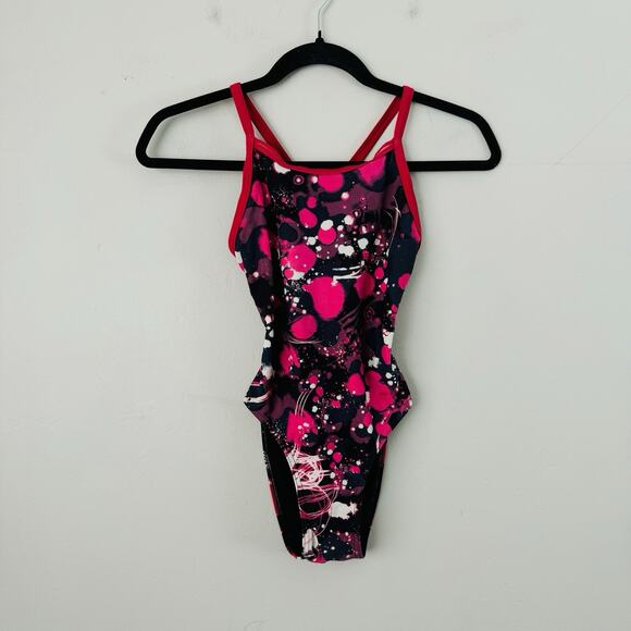 Sporti Pink And Black Paint Splatter One Piece Swim Suite Girls Size 10-12 - Picture 1 of 8
